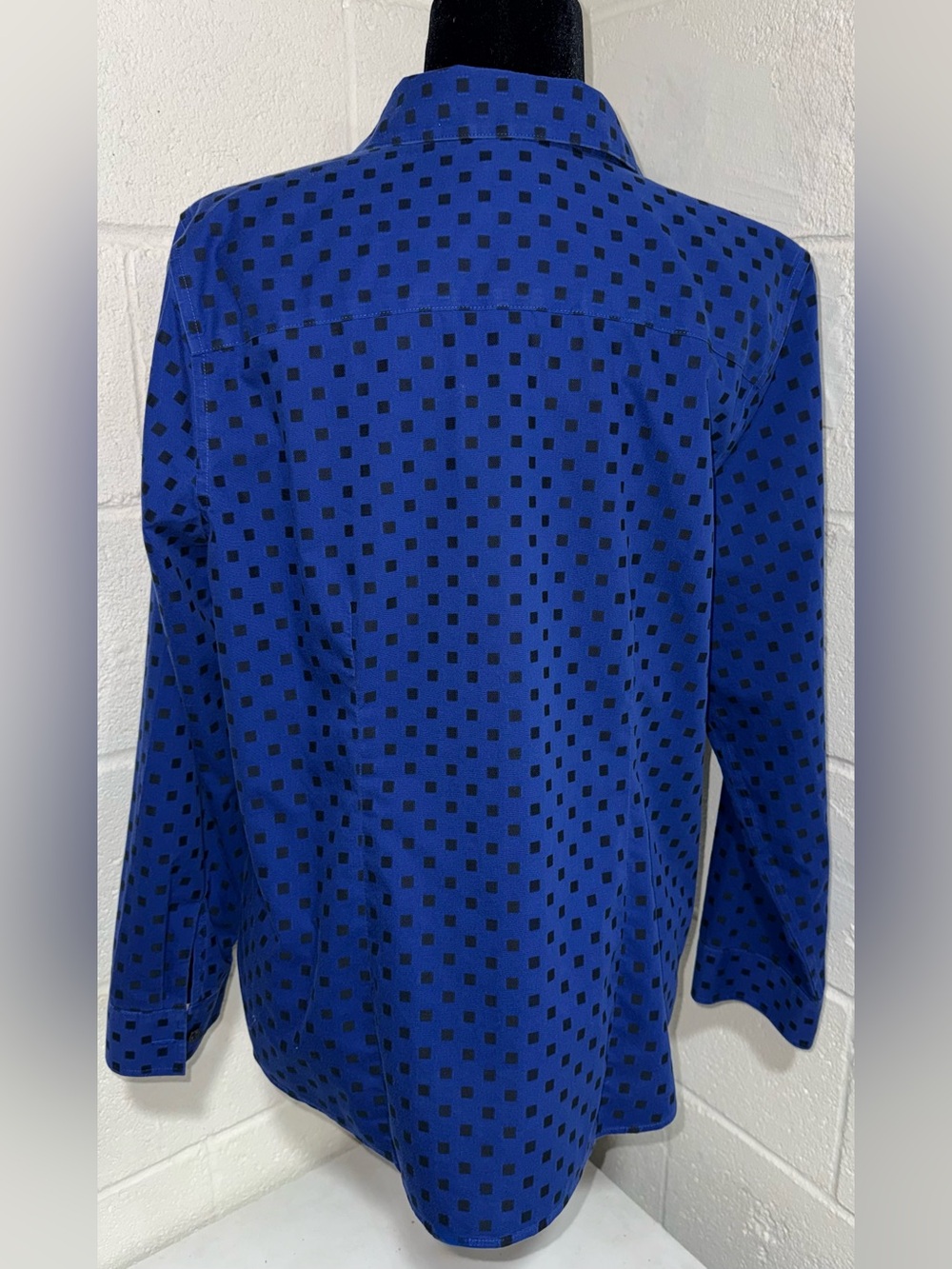 Chico’s Sz 2 Blue Black Geometric Square Print Button Down Shirt Blouse L/12 - Picture 3 of 6